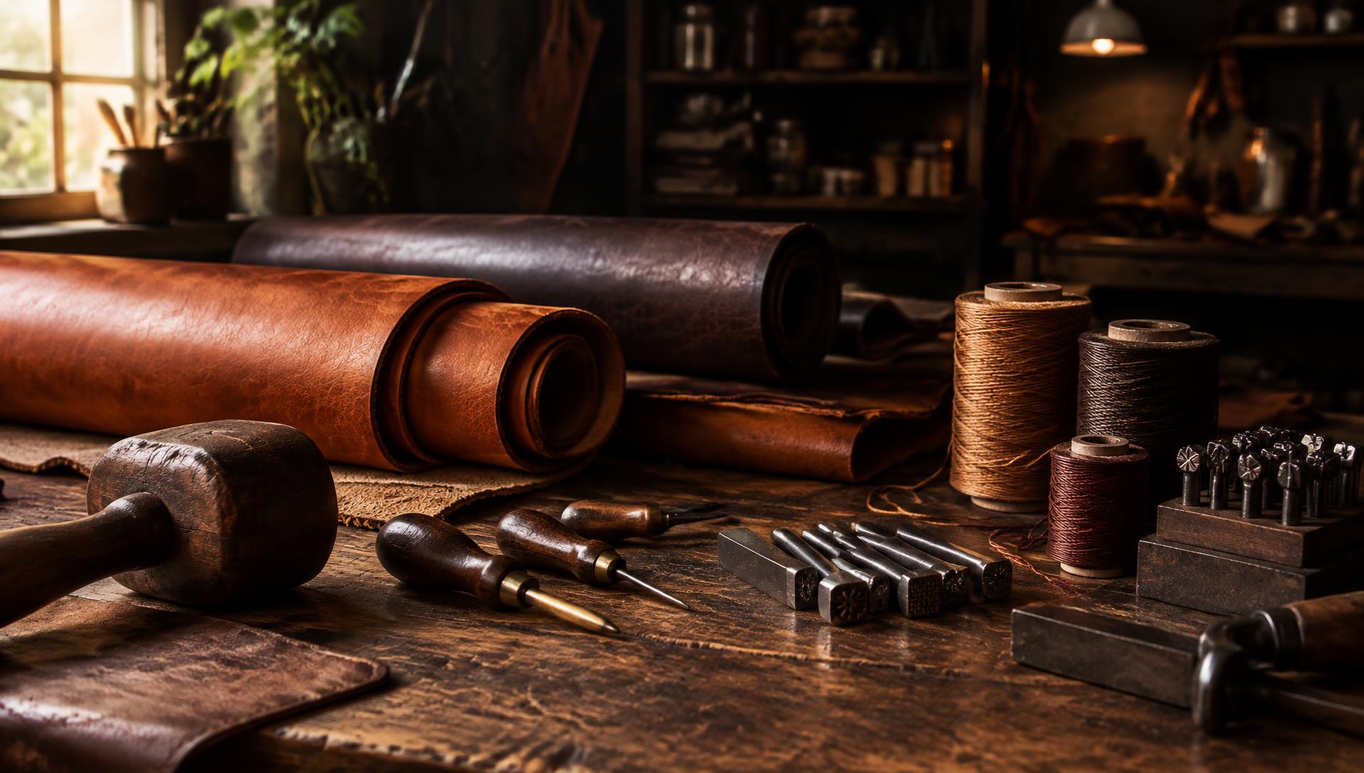 Leather rolls, waxed thread, and hand tools on a worn wooden workbench in a warm workshop